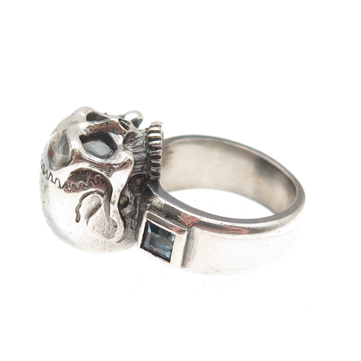 925 Sterling Silver Vintage Real Blue Topaz Skull Oxidized Ring Size 6