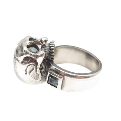 925 Sterling Silver Vintage Real Blue Topaz Skull Oxidized Ring Size 6