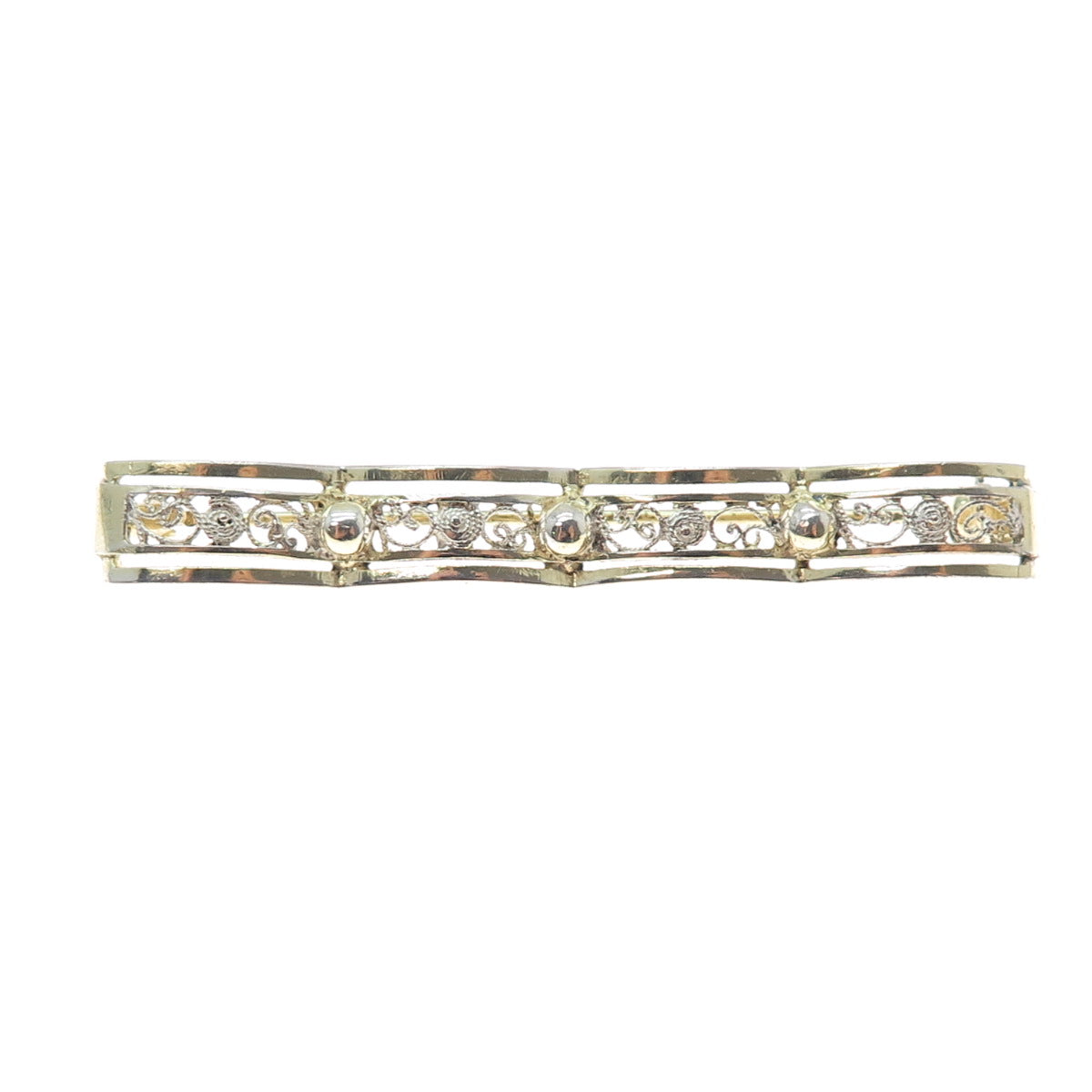 800 Silver 2-Tone Vintage Rose Flower Filigree Bar Pin Brooch
