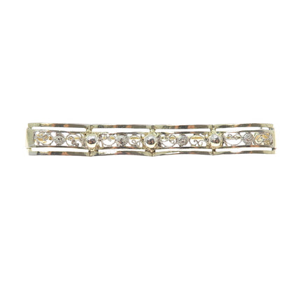 800 Silver 2-Tone Vintage Rose Flower Filigree Bar Pin Brooch