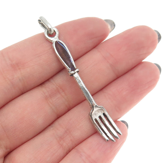 800 Silver Vintage Italy Red & Blue Enamel Fork Pendant