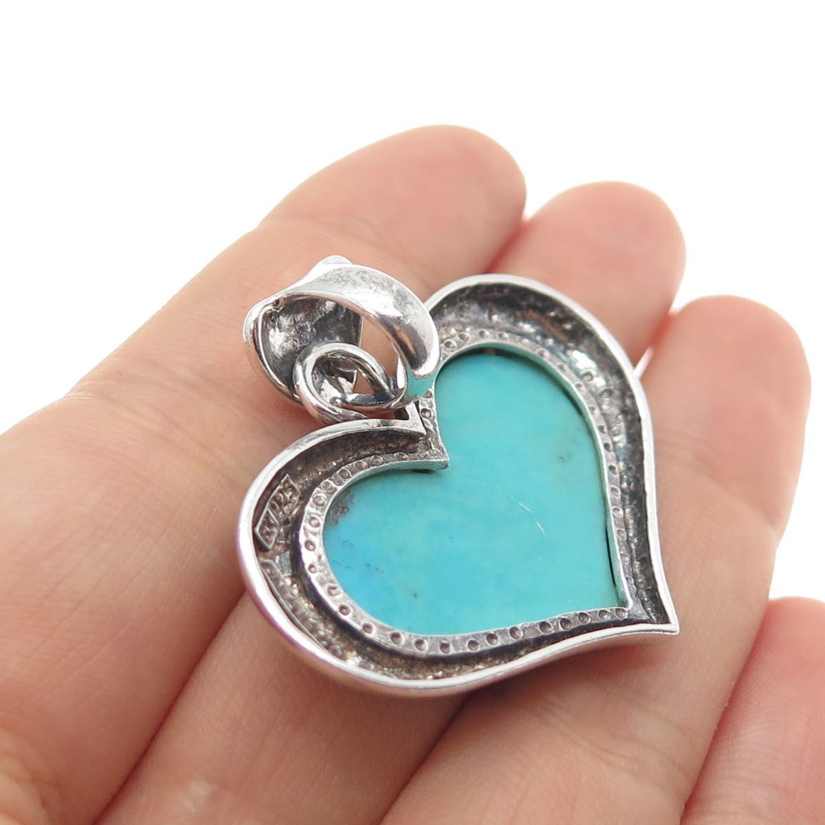 SX SALLY C 925 Sterling Silver Vintage Real Tyrone Turquoise Heart Charm Pendant