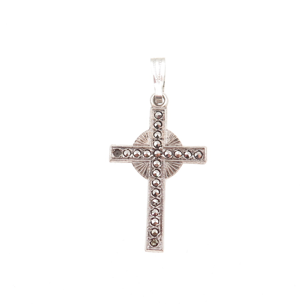 925 Sterling Antique Art Deco Real Marcasite Cross Pendant (missing 1 stone)