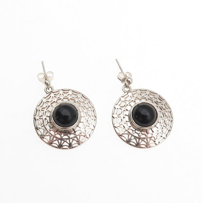 MG Michal Golan 925 Sterling Silver Vintage Real Black Onyx Disc Dangle Earrings