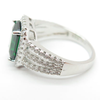 925 Sterling Silver Green Octagon-Cut & White Round-Cut Shaped C Z Ring Size 8