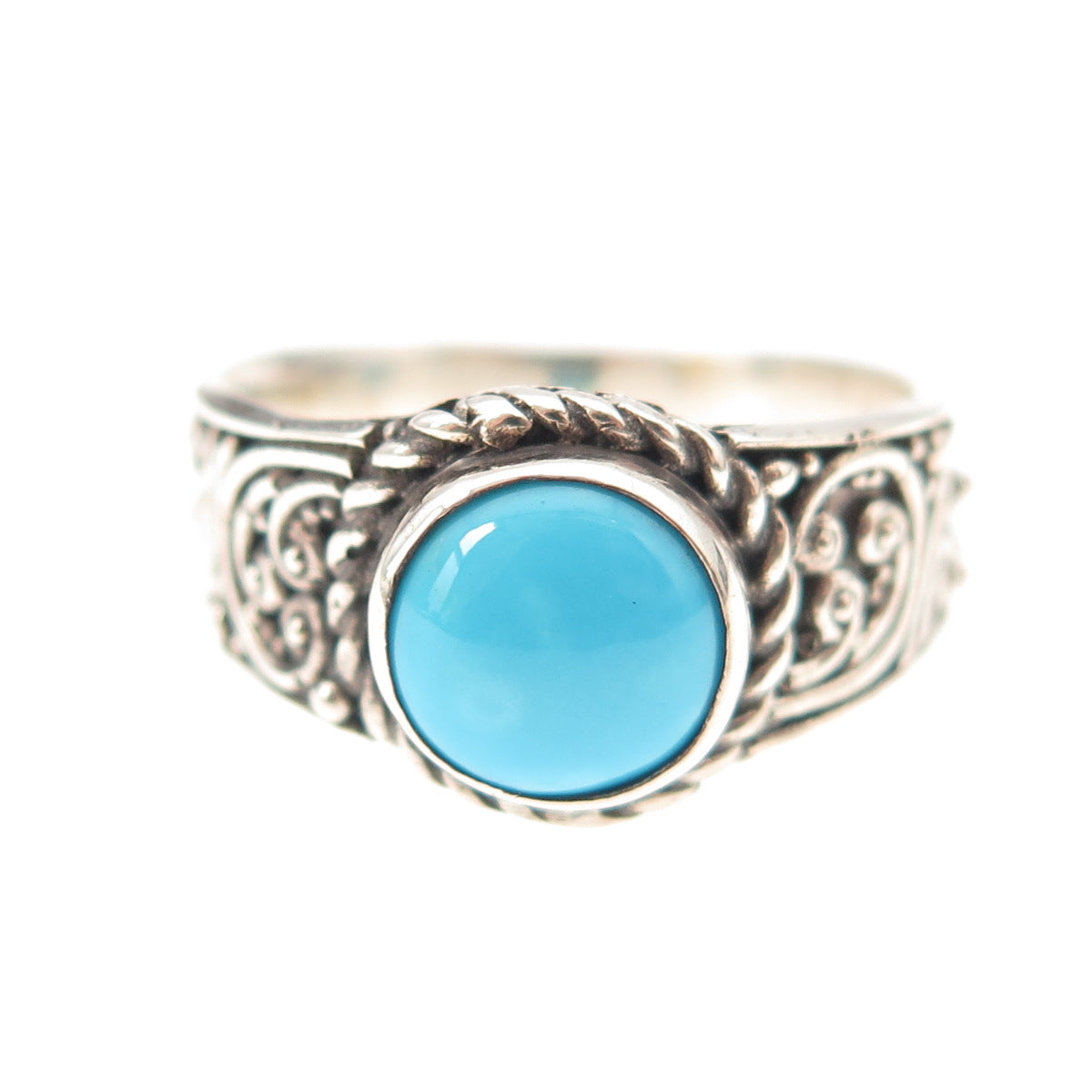 925 Sterling Silver Real Sleeping Beauty Turquoise Floral Oxidized Ring Size 8