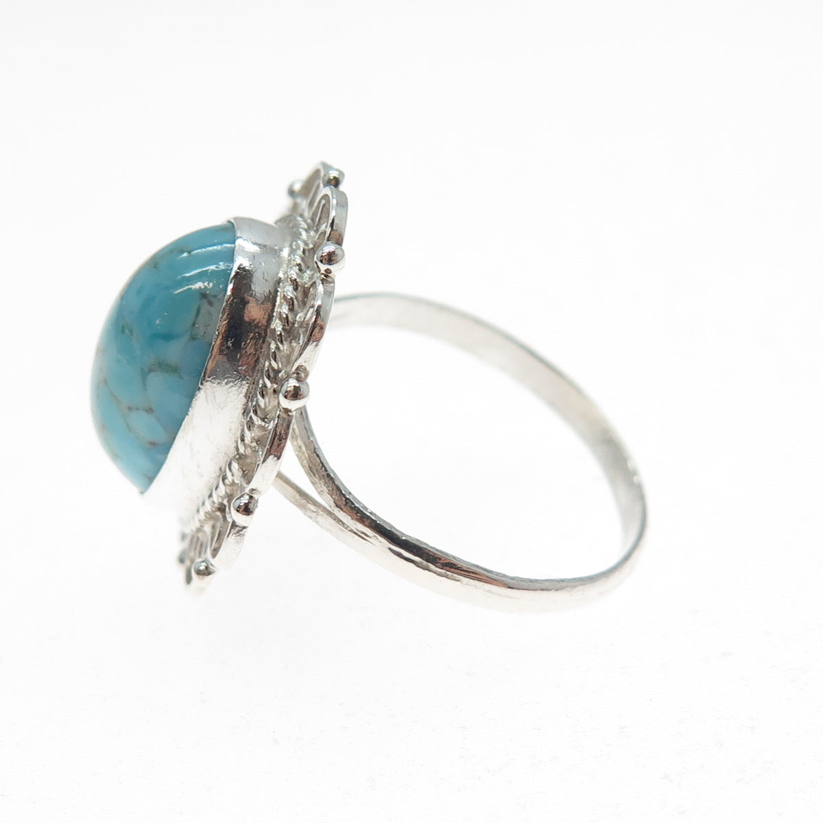 925 Sterling Silver Vintage Faux Turquoise Filigree Flower Ring Size 8