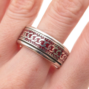 925 Sterling Silver Vintage Enamel Cuban Link Rotating Band Ring Size 14