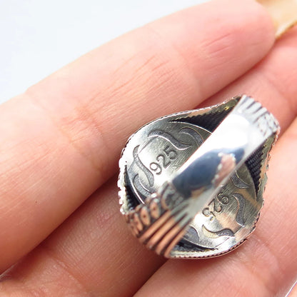 925 Sterling Silver 2-Tone Vintage Melanite Gem & Blue Glass Ring Size 10.25