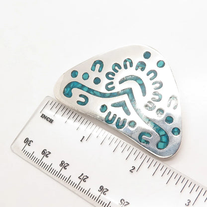 925 Sterling Silver Vintage Mexico Taxco Turquoise Gem Inlay Tribal Pin Brooch