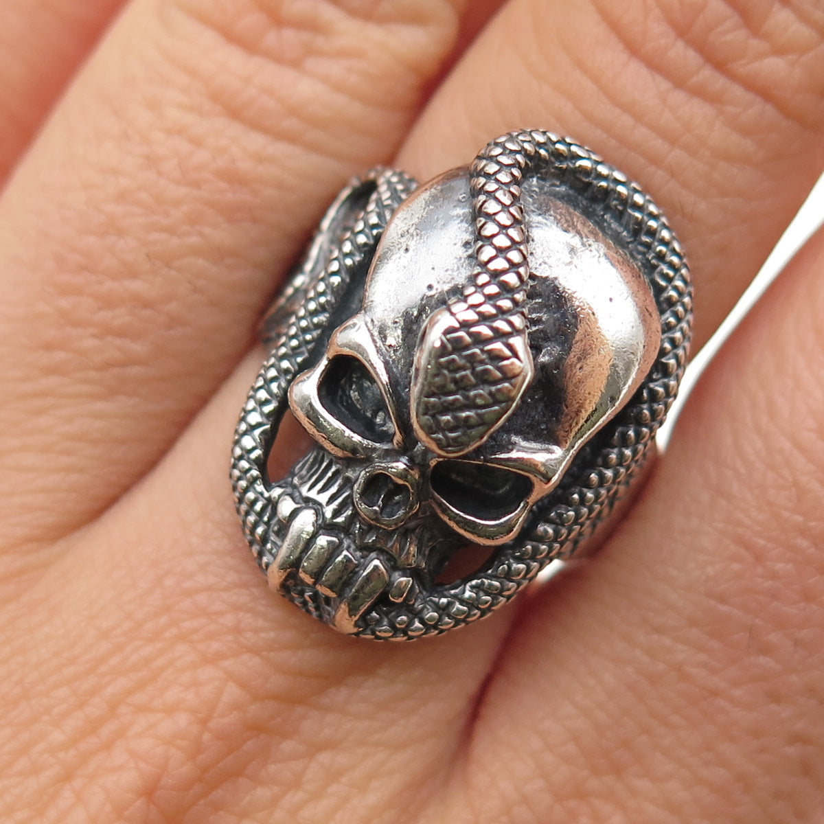 925 Sterling Silver Vintage Skull & Snake Oxidized Biker Ring Size 8