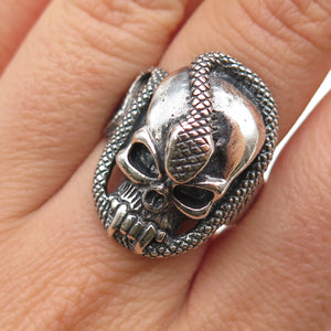925 Sterling Silver Vintage Skull & Snake Oxidized Biker Ring Size 8