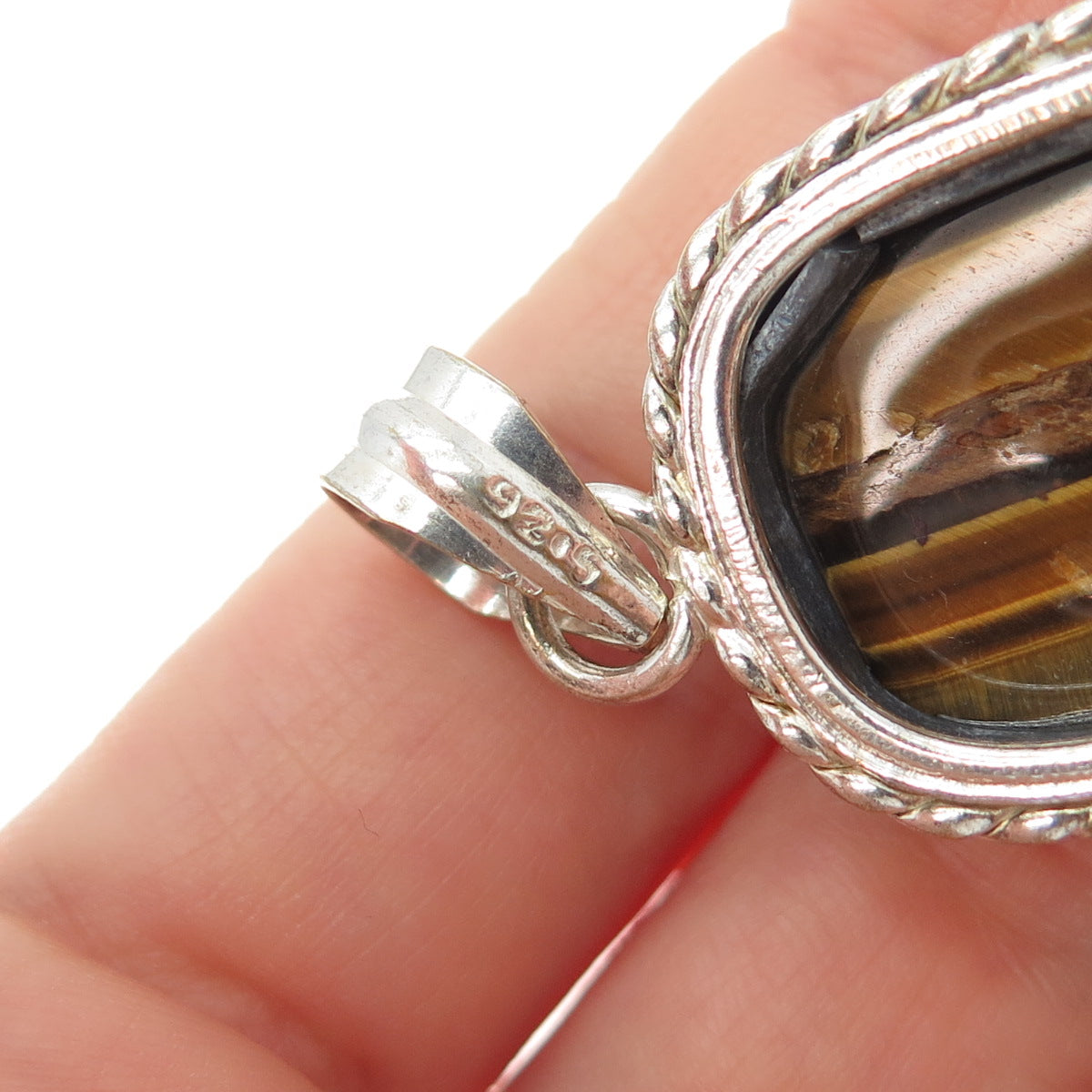 925 Sterling Silver Vintage Real Cabochon Tiger Eye Charm Pendant