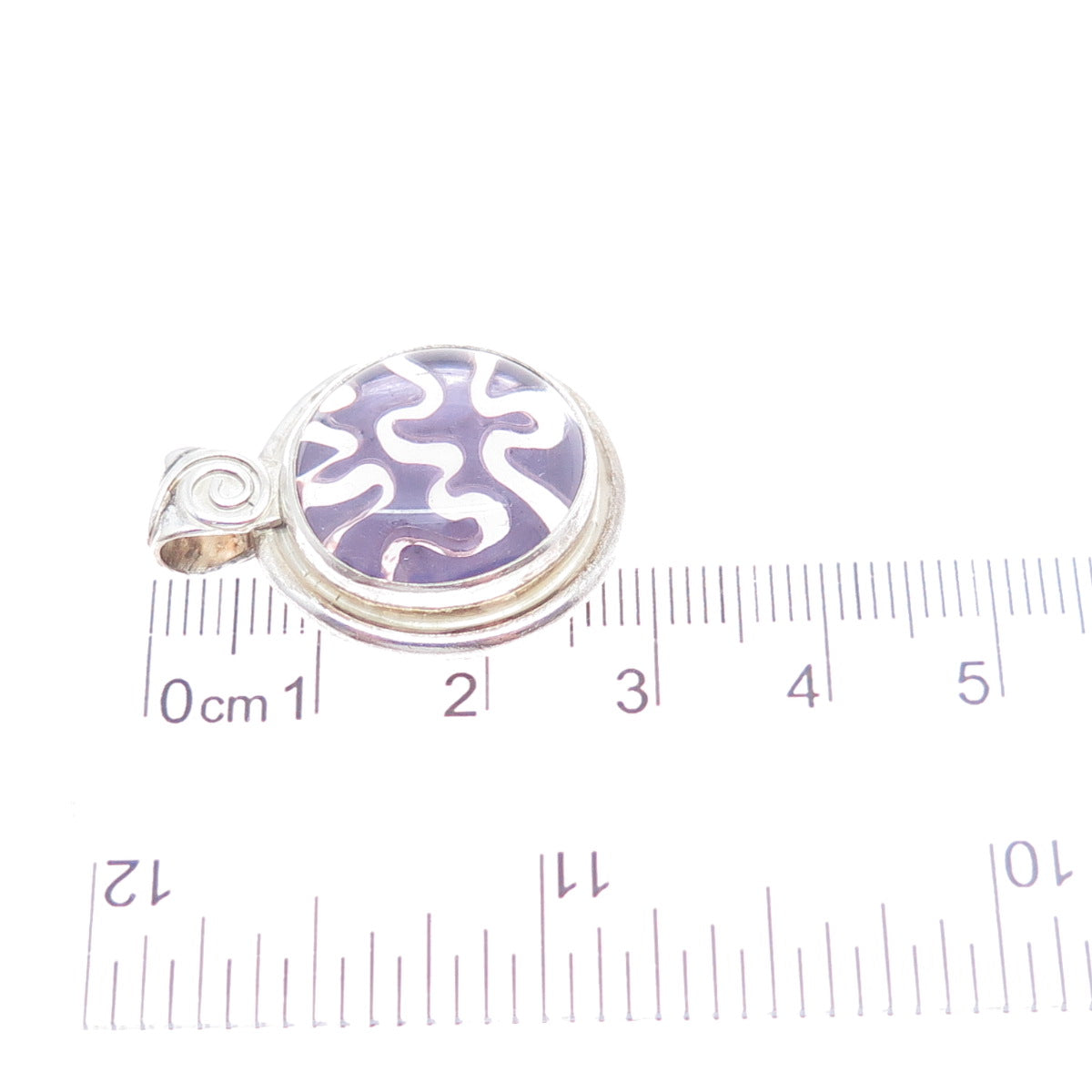 925 Sterling Silver Vintage Purple Glass Modernist Charm Pendant