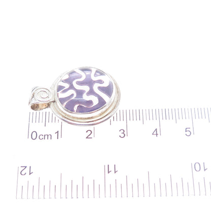 925 Sterling Silver Vintage Purple Glass Modernist Charm Pendant
