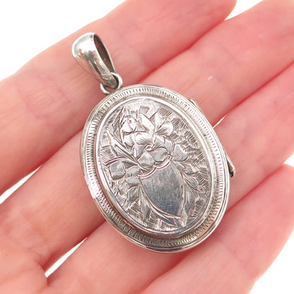 925 Sterling Silver Antique Art Deco Engraved Floral Locket Charm Pendant