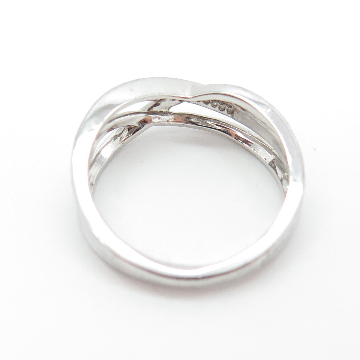 SUN 925 Sterling Silver Real Round-Cut Diamond Crisscross Ring Size 7