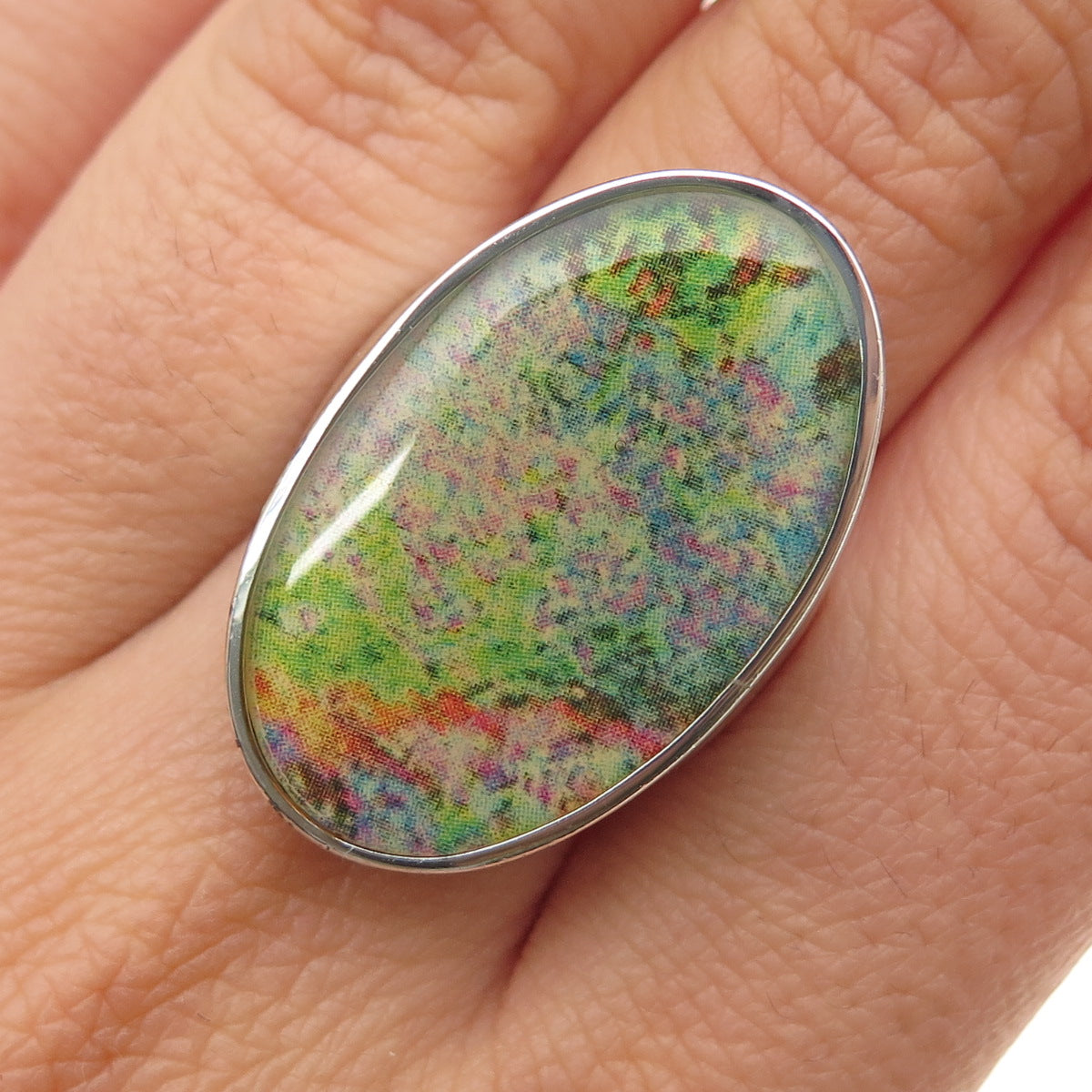 925 Sterling Silver Enamel Pressed-Painted Oval Statement Ring Size 8.5