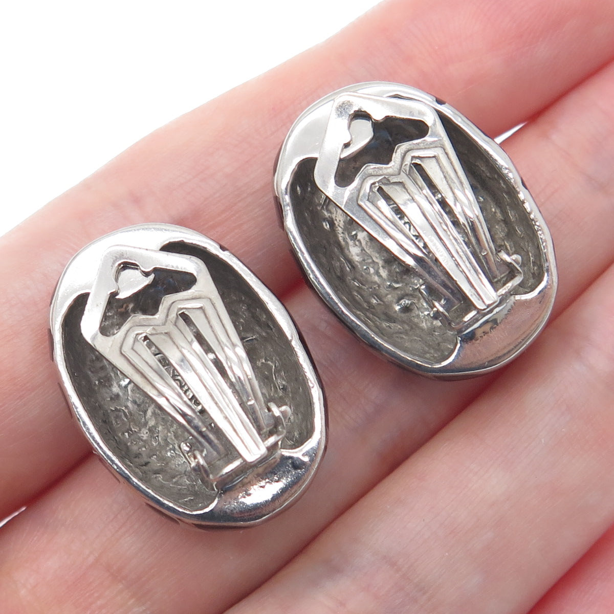 925 Sterling Silver Vintage Italy Enamel Zebra Pattern Clip On Earrings