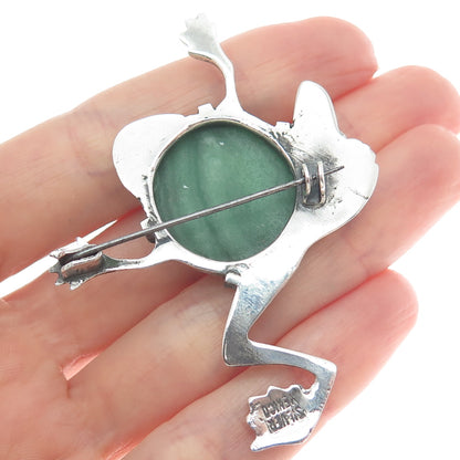 925 Sterling Silver Vintage Mexico Real Aventurine Frog Oxidized Pin Brooch