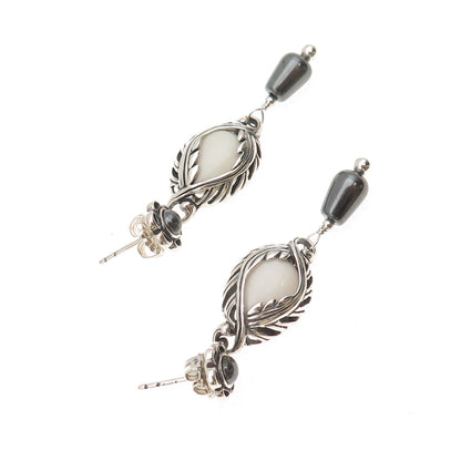 Carolyn Pollack Sterling Silver Vintage Real White Onyx Hematite Floral Earrings