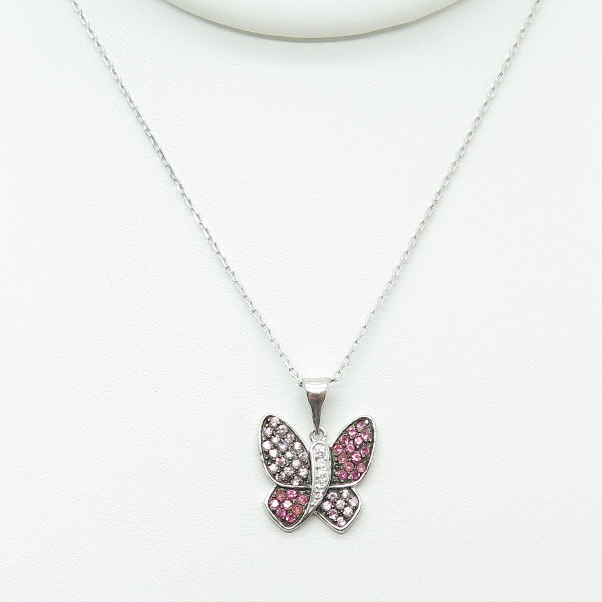 925 Sterling Silver Round-Cut Multi-Pink C Z Butterfly Cable Chain Necklace 16"
