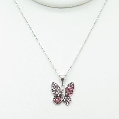 925 Sterling Silver Round-Cut Multi-Pink C Z Butterfly Cable Chain Necklace 16"