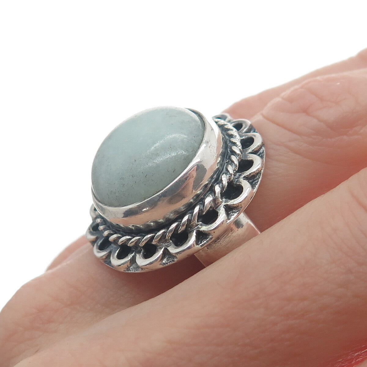 925 Sterling Silver Vintage Real Jade Flower Oxidized Ring Size 7.25