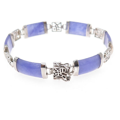 925 Sterling Silver Vintage Real Lavender Jade Chinese Character Bracelet 7.25"