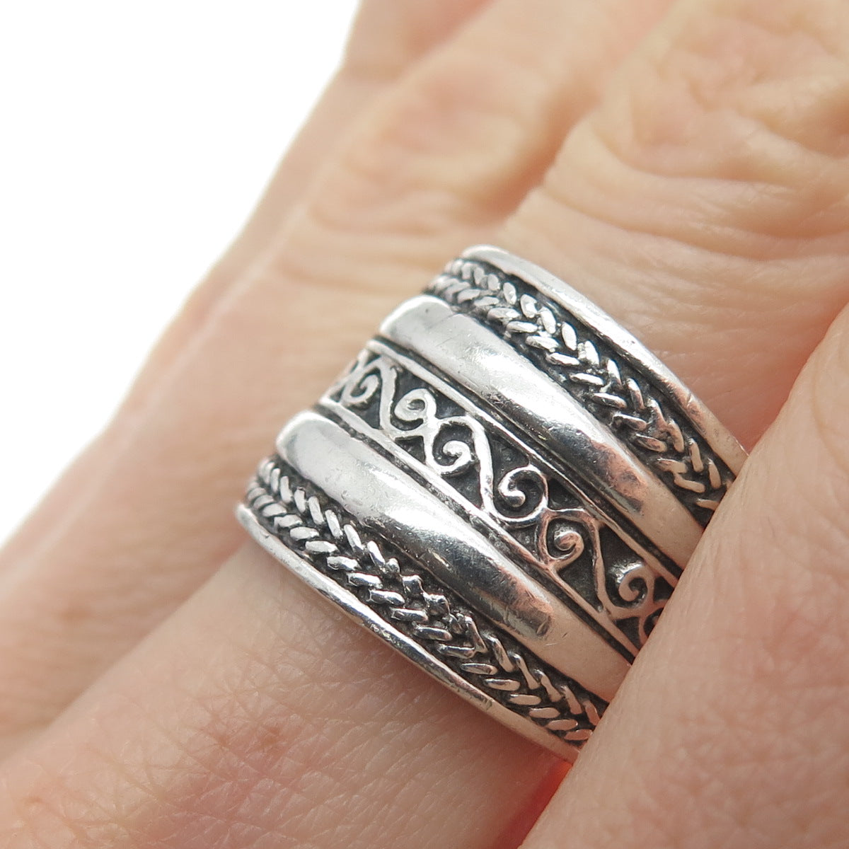 925 Sterling Silver Vintage Wheat Braided Swirl Wide Band Ring Size 7.5