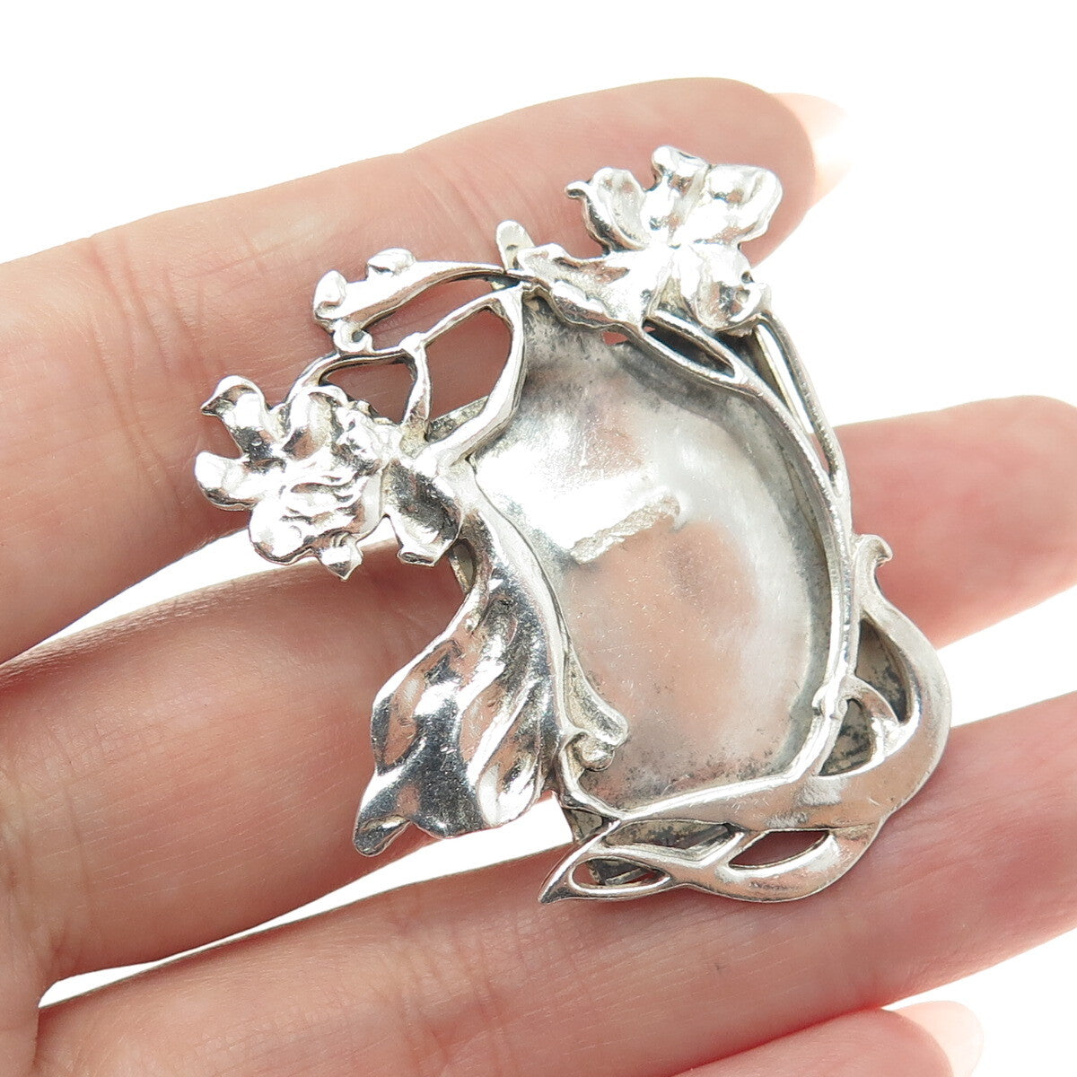 925 Sterling Silver Vintage Modernist Floral Muse Picture Frame Pin Brooch