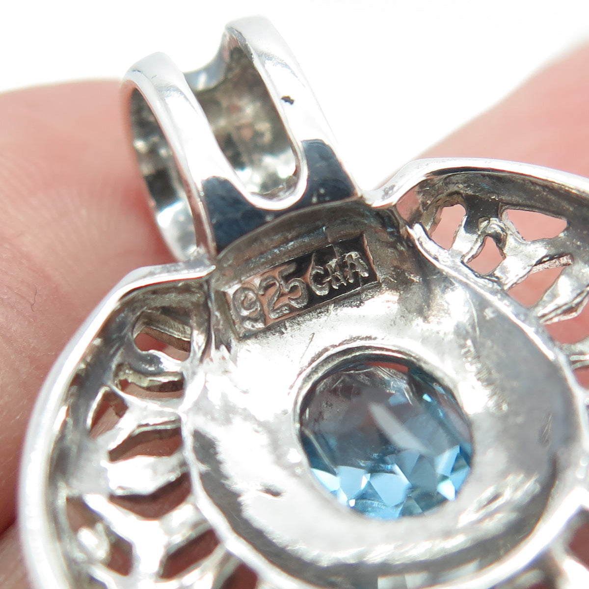 925 Sterling Silver Real Oval-Cut Blue Topaz Ornate Pendant