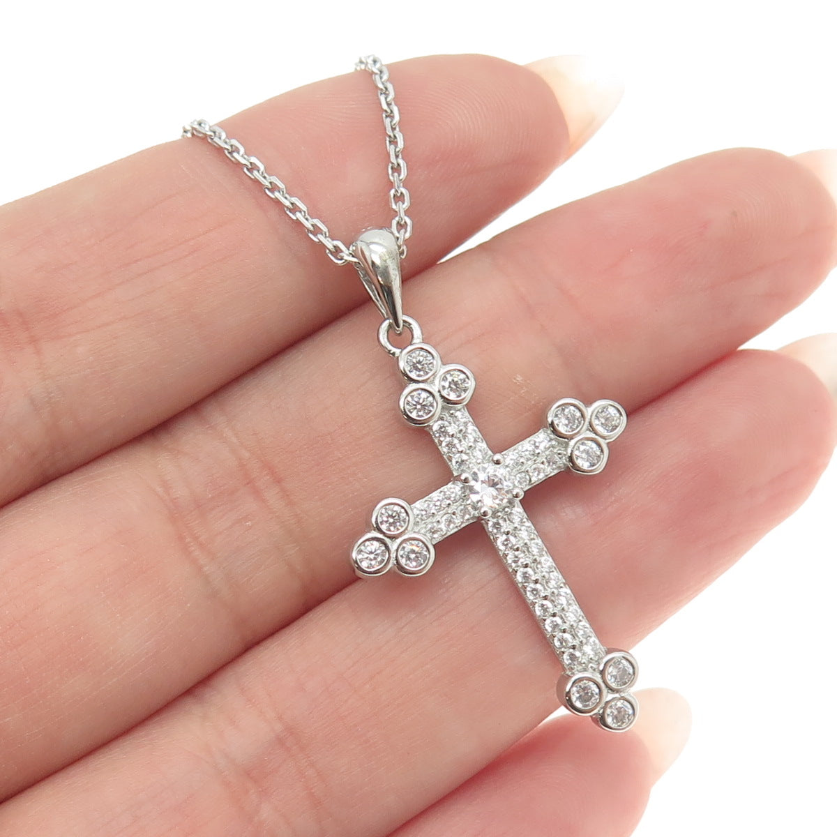 925 Sterling Silver Italy C Z Cross Pendant Cable Chain Necklace 16"