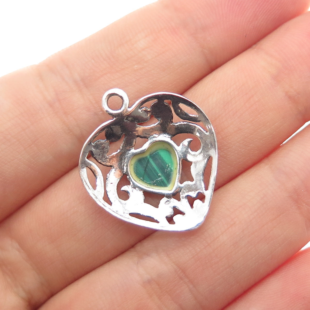 925 Sterling Silver Vintage Real Malachite Floral Heart Charm Pendant