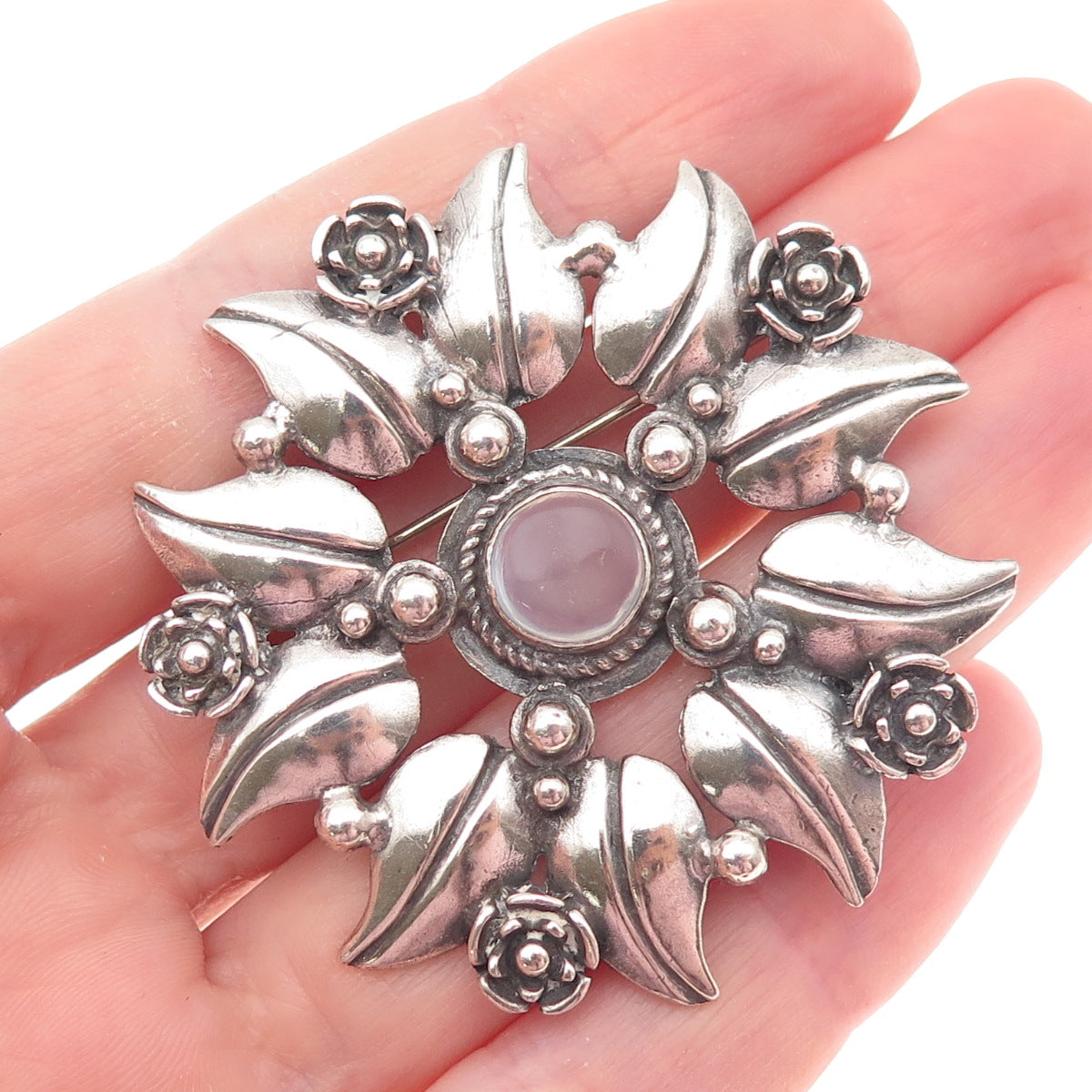 925 Sterling Silver Vintage Real Moonstone Floral Oxidized Pin Brooch