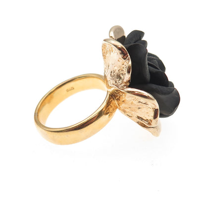 925 Sterling Silver Gold Plated Italy Lavastone Rose Flower Ring Size 5.25
