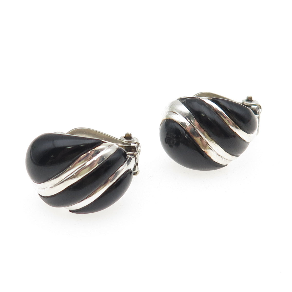 925 Sterling Silver Vintage Real Black Onyx Modernist Clip On Earrings