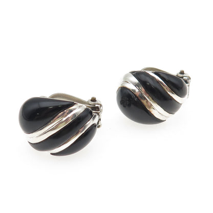 925 Sterling Silver Vintage Real Black Onyx Modernist Clip On Earrings