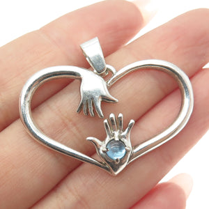 925 Sterling Silver Vintage Real Blue Topaz Hug Heart Pendant