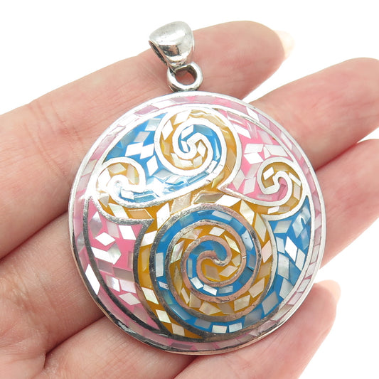 925 Sterling Silver Vintage Real Mother-of-Pearl Inlay Spiral Round Pendant