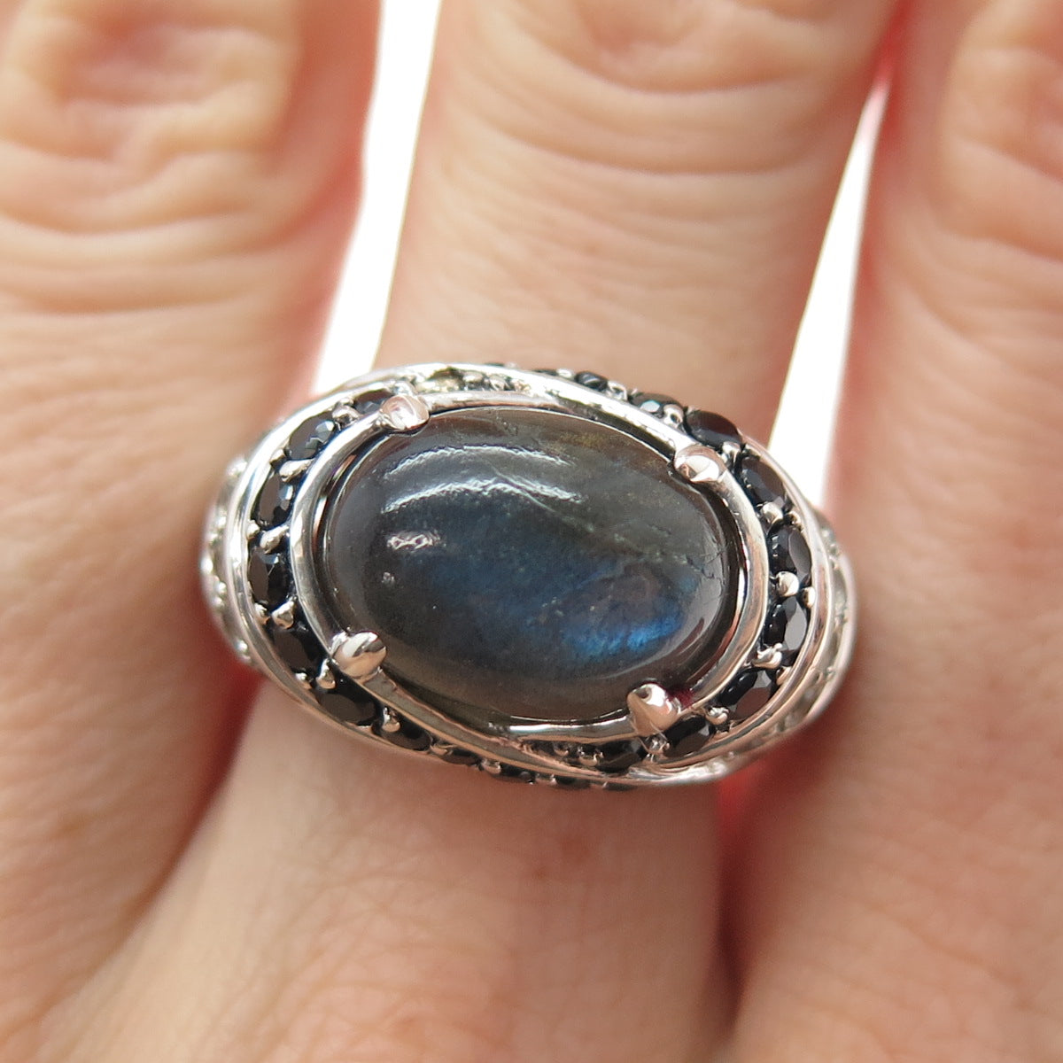925 Sterling Silver Real Labradorite Black Spinel & White Topaz Ring Size 9