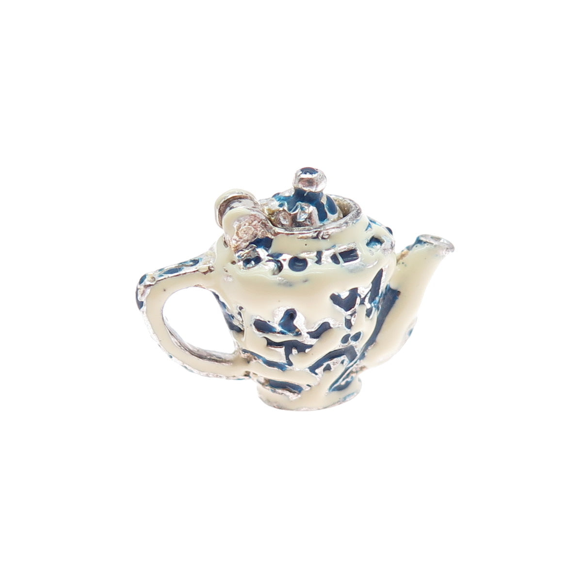 925 Sterling Silver Vintage Enamel Teapot Movable Minimalist 3D Charm Pendant