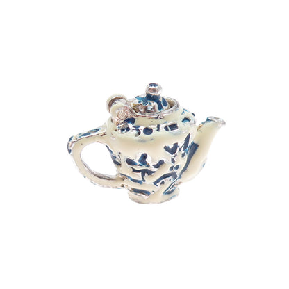 925 Sterling Silver Vintage Enamel Teapot Movable Minimalist 3D Charm Pendant
