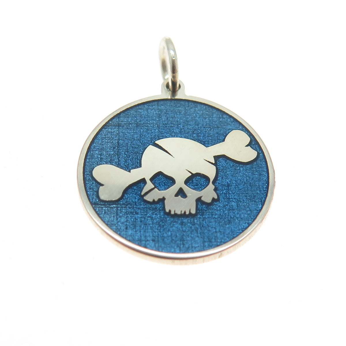 925 Sterling Silver Blue Enamel Skull & Bone Round Minimalist Charm Pendant