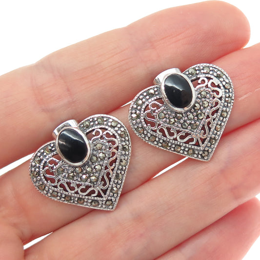 925 Sterling Silver Vintage Real Black Onyx & Marcasite Heart Oxidized Earrings