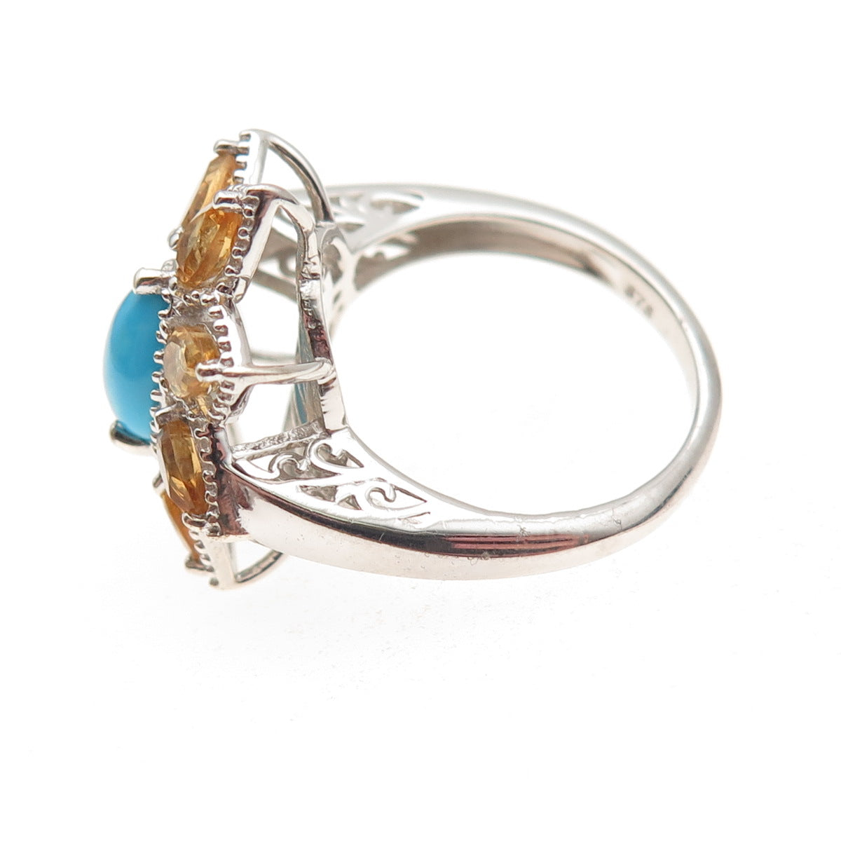 Chuck Clemency 925 Sterling Silver Real Turquoise Citrine Floral Ring Size 8.25