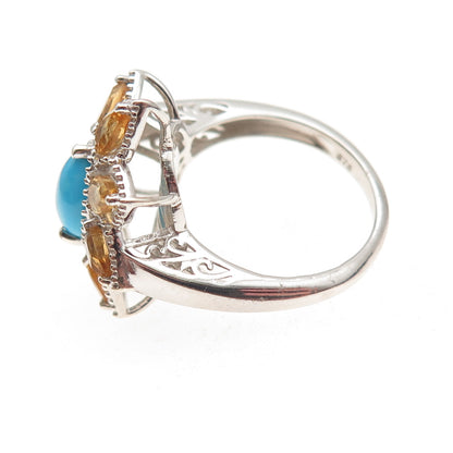 Chuck Clemency 925 Sterling Silver Real Turquoise Citrine Floral Ring Size 8.25