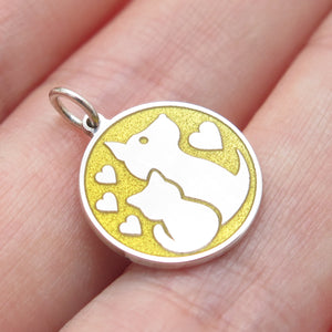 925 Sterling Silver Yellow Enamel Dog & Cat Friendship Minimalist Charm Pendant