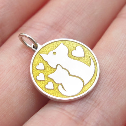 925 Sterling Silver Yellow Enamel Dog & Cat Friendship Minimalist Charm Pendant