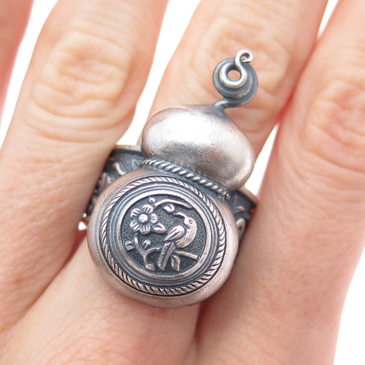 925 Sterling Vintage Japanese Hummingbird Owl Horse Oxidized Ring Size 8.75